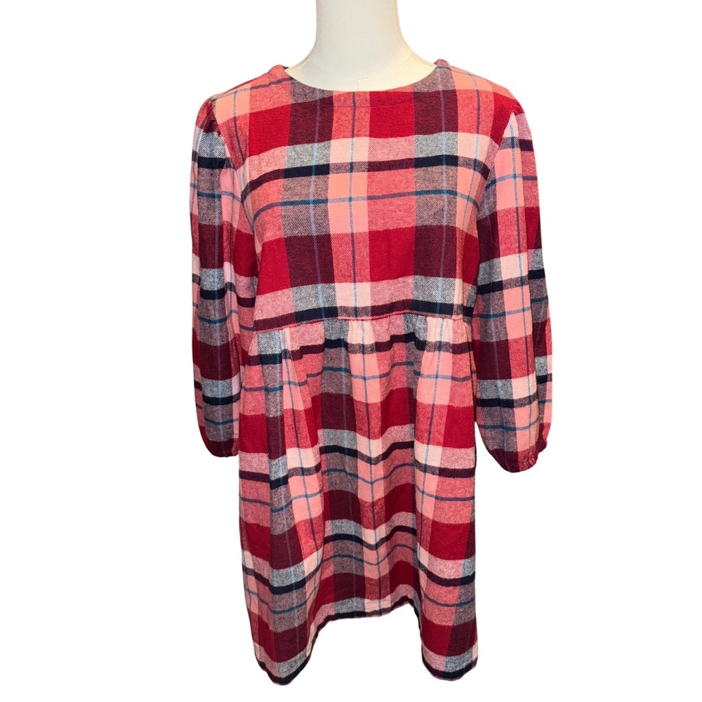 True Craft Womens Red Pink Plaid Babydoll Mini Dress Flannel  NWT Women's Small‎